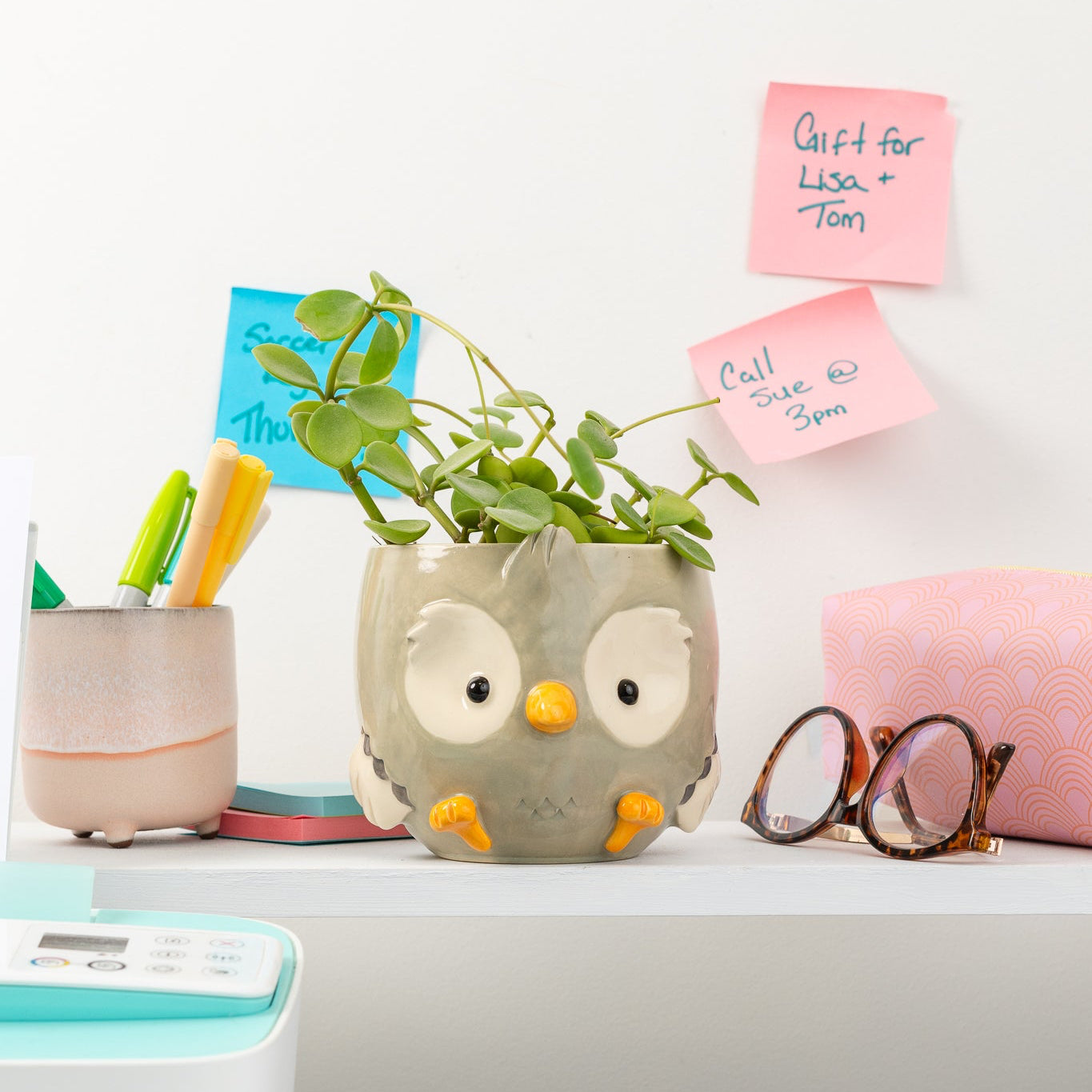 Owl-shaped plant pot on a desk with stationery items